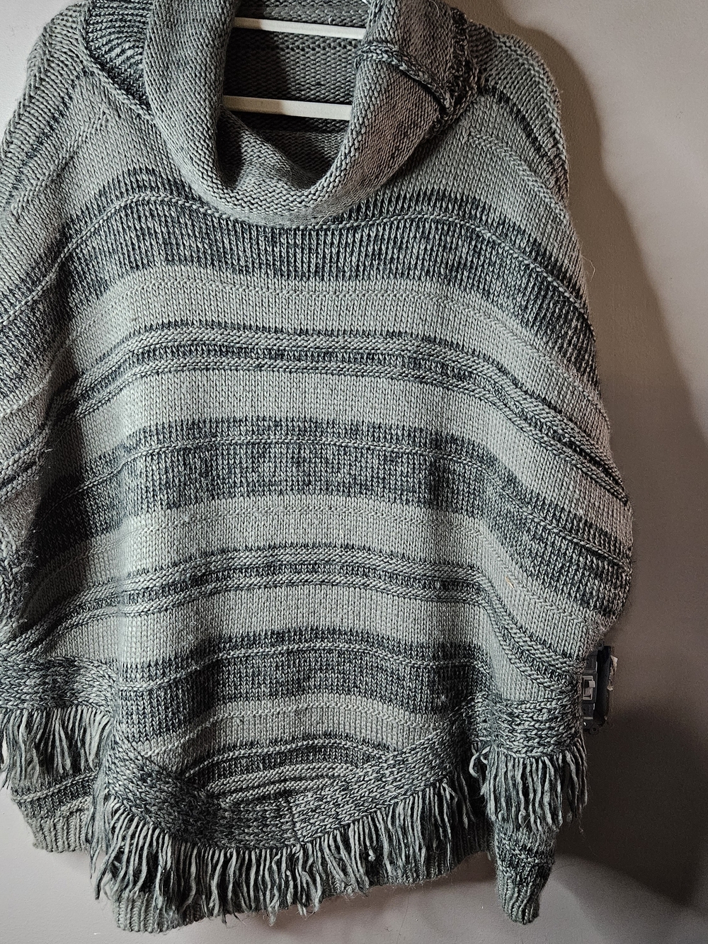 Women’s Grey Striped Turtleneck Fringe Sweater
